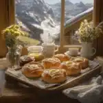 Gipfeli Recipe: How to Make Perfect Swiss Pastries at Home 7 Golden pastries on a wooden tray with coffee and jam, overlooking an alpine mountain view.