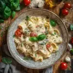 Lumache Pasta: 5 Secrets to Making the Best Dishes 5 A plate of creamy lumache pasta garnished with fresh basil leaves, grated Parmesan, and cherry tomatoes, served on a rustic wooden table with scattered garlic cloves and basil leaves.