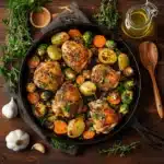 Pan Roast Recipe: How to Make the Perfect Recipe at Home 6 Cast iron skillet filled with roasted chicken thighs, carrots, Brussels sprouts, and potatoes on a rustic wooden table.