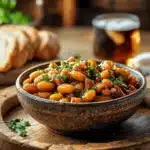 Baked Beans Recipe: How to Make Them Perfect Every Time 5 A rustic bowl of homemade baked beans garnished with fresh parsley, served on a wooden table with crusty bread and iced tea in the background.