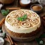Cinnamon Roll Cheesecake: A Step-by-Step Guide to Perfection 6 A beautifully decorated cinnamon roll cheesecake with cinnamon swirls and a mint garnish on a rustic wooden table.