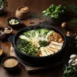 10 Tips to Make the Best Mille Feuille Nabe at Home 5 A beautifully arranged Mille Feuille Nabe in a steaming hot pot, featuring layers of napa cabbage, tofu, mushrooms, and green onions on a rustic wooden table.