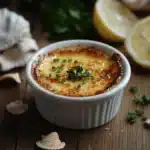 Crab Brulee Recipe: How to Make the Perfect Appetizer 7 Caramelized crab brulee in a white ramekin, topped with chopped herbs, surrounded by seashells and lemon halves on a rustic wooden table