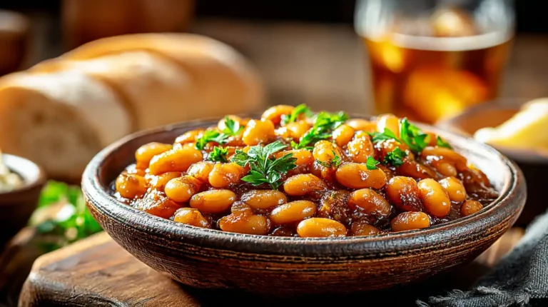Hearty homemade baked beans served in a rustic bowl with fresh parsley garnish, accompanied by bread and a drink.
