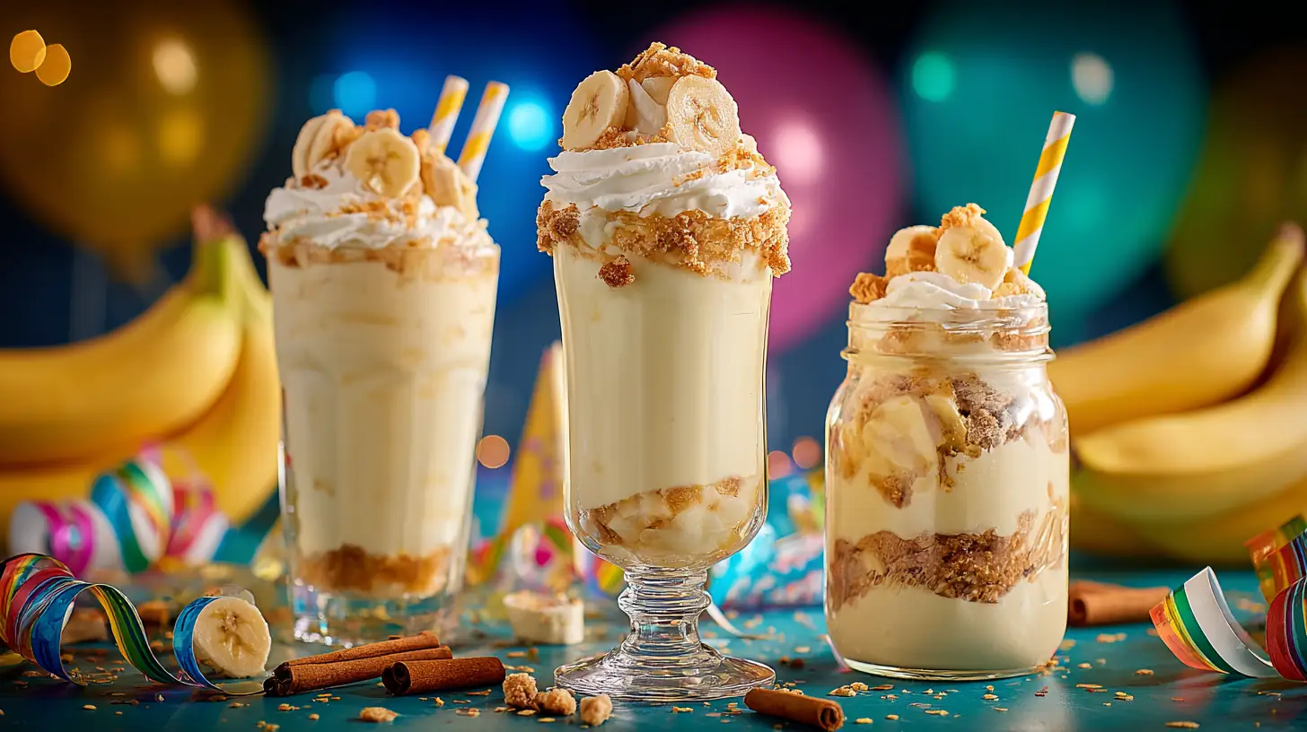 Banana Pudding Moonshine: Creamy, Sweet, and Easy to Make! 6 Banana Pudding Moonshine served in glasses and mason jars, topped with whipped cream, banana slices, and cookie crumbs