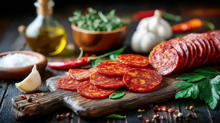 Sliced homemade beef pepperoni with garlic, herbs, and spices on a rustic wooden board