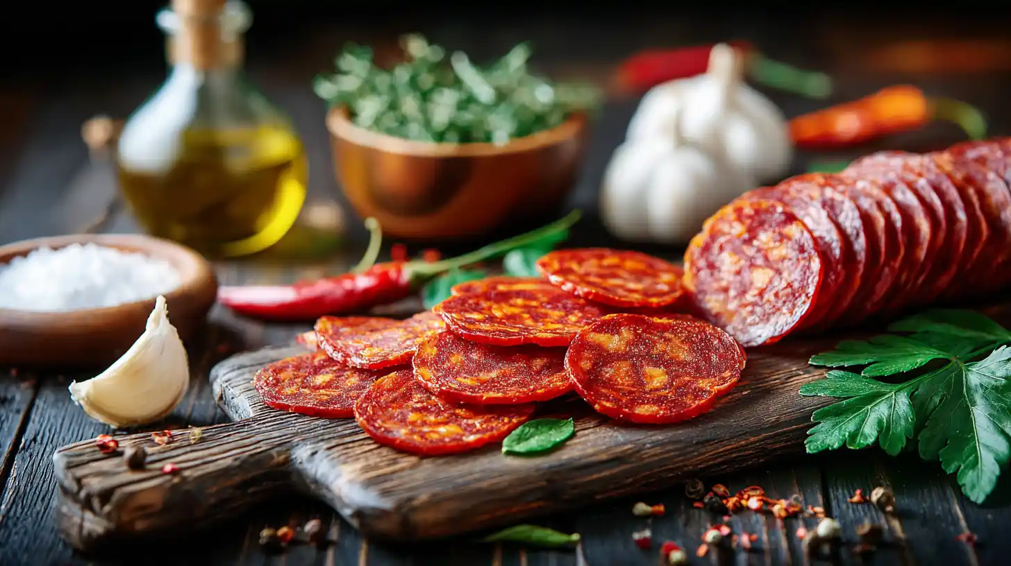 Sliced homemade beef pepperoni with garlic, herbs, and spices on a rustic wooden board