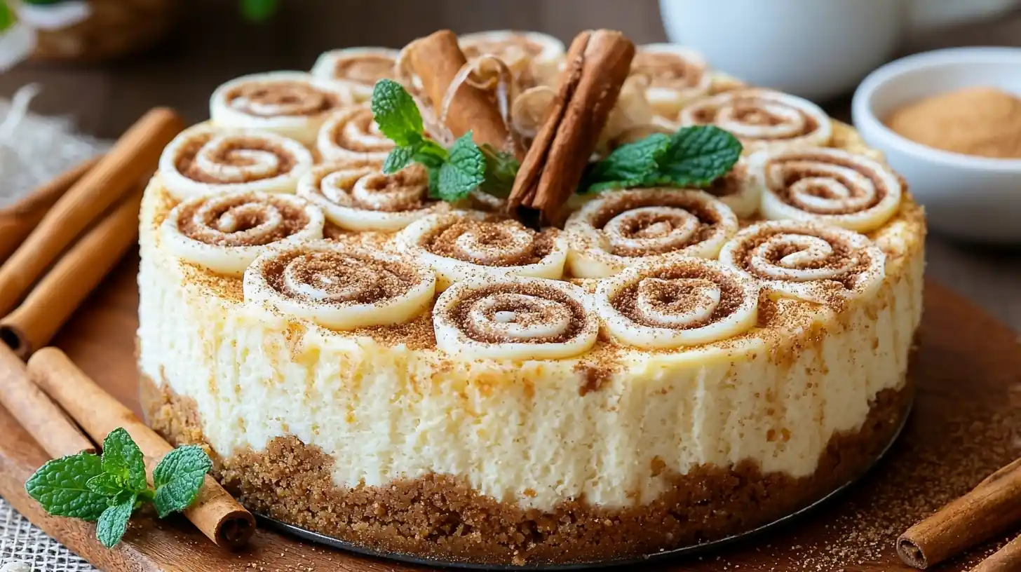 Cinnamon Roll Cheesecake with cinnamon swirl topping and graham cracker crust