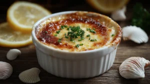 Crab Brulee served in a white ramekin with caramelized top, garnished with fresh herbs and lemon slices