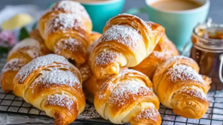 Freshly baked Gipfeli Recipe pastries dusted with powdered sugar on a cooling rack