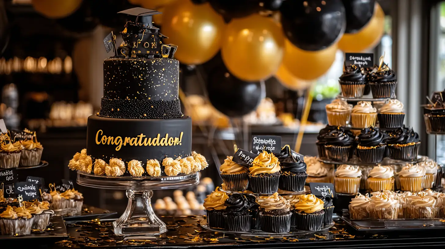 10 Stunning Graduation Cake Designs for a Memorable Celebration 7 Elegant black and gold graduation cake with cupcakes and balloons as party centerpiece.