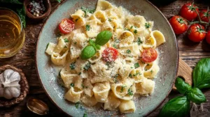 Lumache pasta served with creamy sauce, Parmesan, cherry tomatoes, and basil