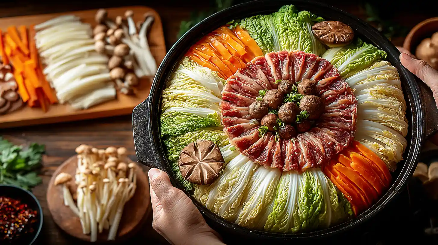 Layered Mille Feuille Nabe hot pot with napa cabbage, thinly sliced meat, and mushrooms in a black donabe pot.