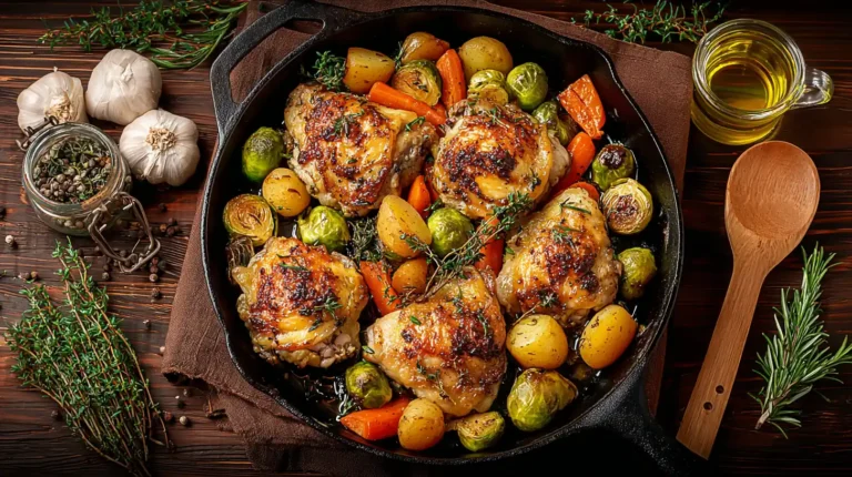 Pan roast recipe with chicken thighs, potatoes, carrots, and Brussels sprouts in cast iron skillet