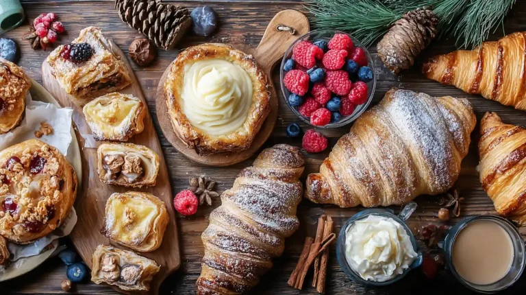 Assortment of puff pastry dessert items including croissants, fruit danishes, cream tarts, and fresh berries on a rustic wooden table