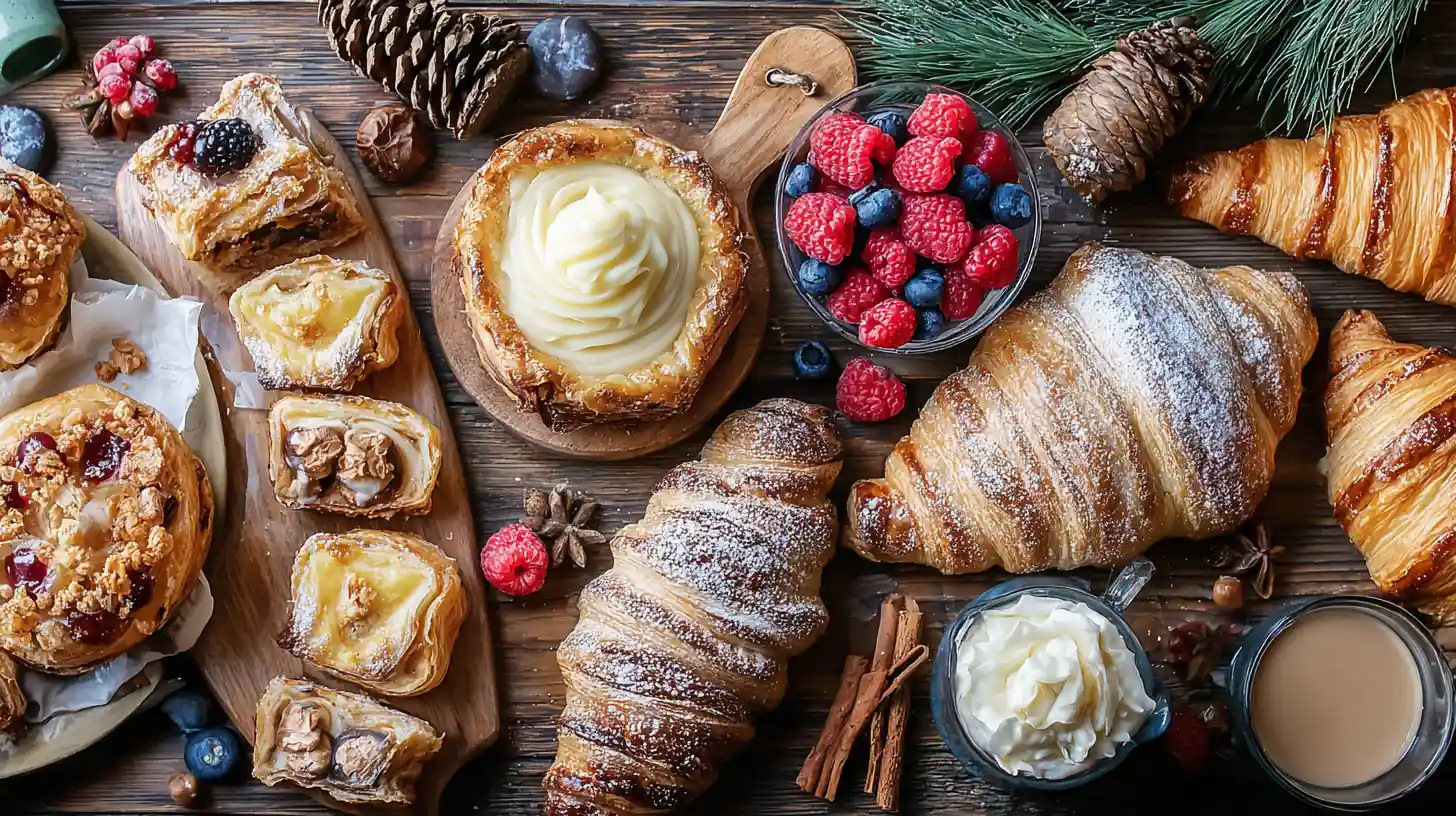 Assortment of puff pastry dessert items including croissants, fruit danishes, cream tarts, and fresh berries on a rustic wooden table