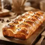How to Bake the Perfect Braided Chocolate Chip Brioche at Home 5 A close-up of a freshly baked, golden-brown chocolate chip brioche loaf with a glossy surface, resting on a wooden board.