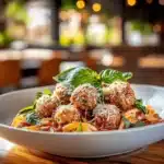 The Ultimate Wagyu Meatballs Recipe: Juicy, Tender, and Flavorful 5 A bowl of Wagyu meatballs served over pasta with marinara sauce, topped with grated Parmesan and fresh basil, in a cozy restaurant setting.