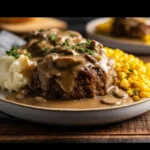 Why Amish Hamburger Steak Bake is the Ultimate Comfort Food 4 Amish hamburger steak bake with mushroom gravy, mashed potatoes, and corn