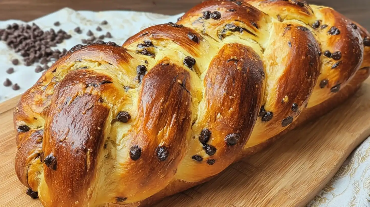 Braided Chocolate Chip Brioche with a golden crust and semisweet chocolate chips
