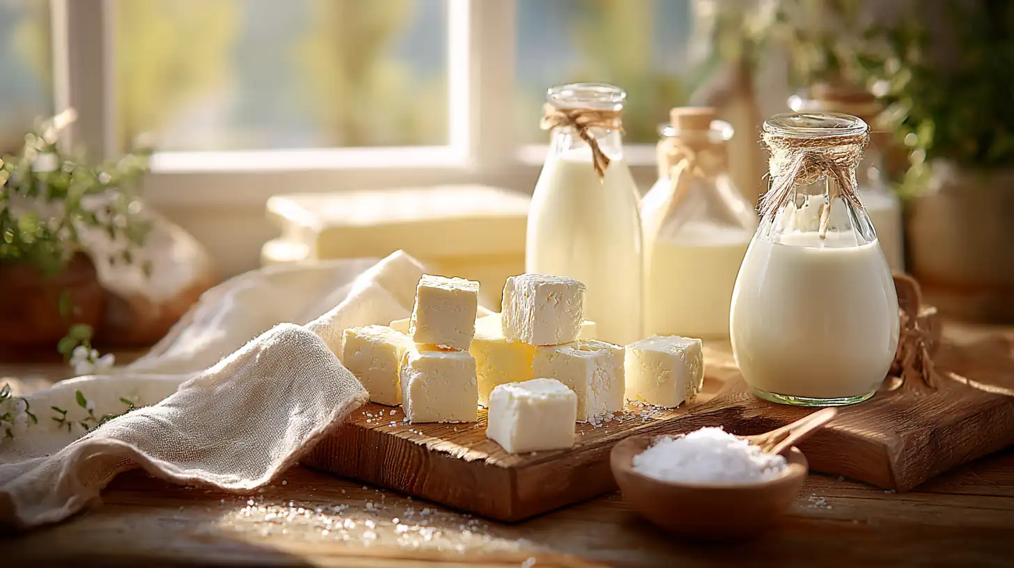 Fresh homemade feta cheese cubes on a rustic wooden board with bottles of milk, cheesecloth, and sea salt - ready for fermentation.