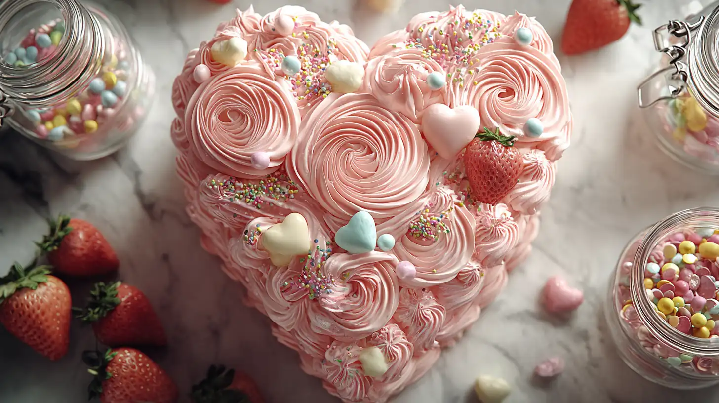 How to Make a Stunning Heart Cake: A Step-by-Step Guide 4 Pink heart cake decorated with swirled buttercream roses, pastel candies, and fresh strawberries