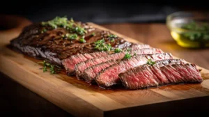 Sous vide skirt steak sliced on a wooden cutting board with fresh herbs
