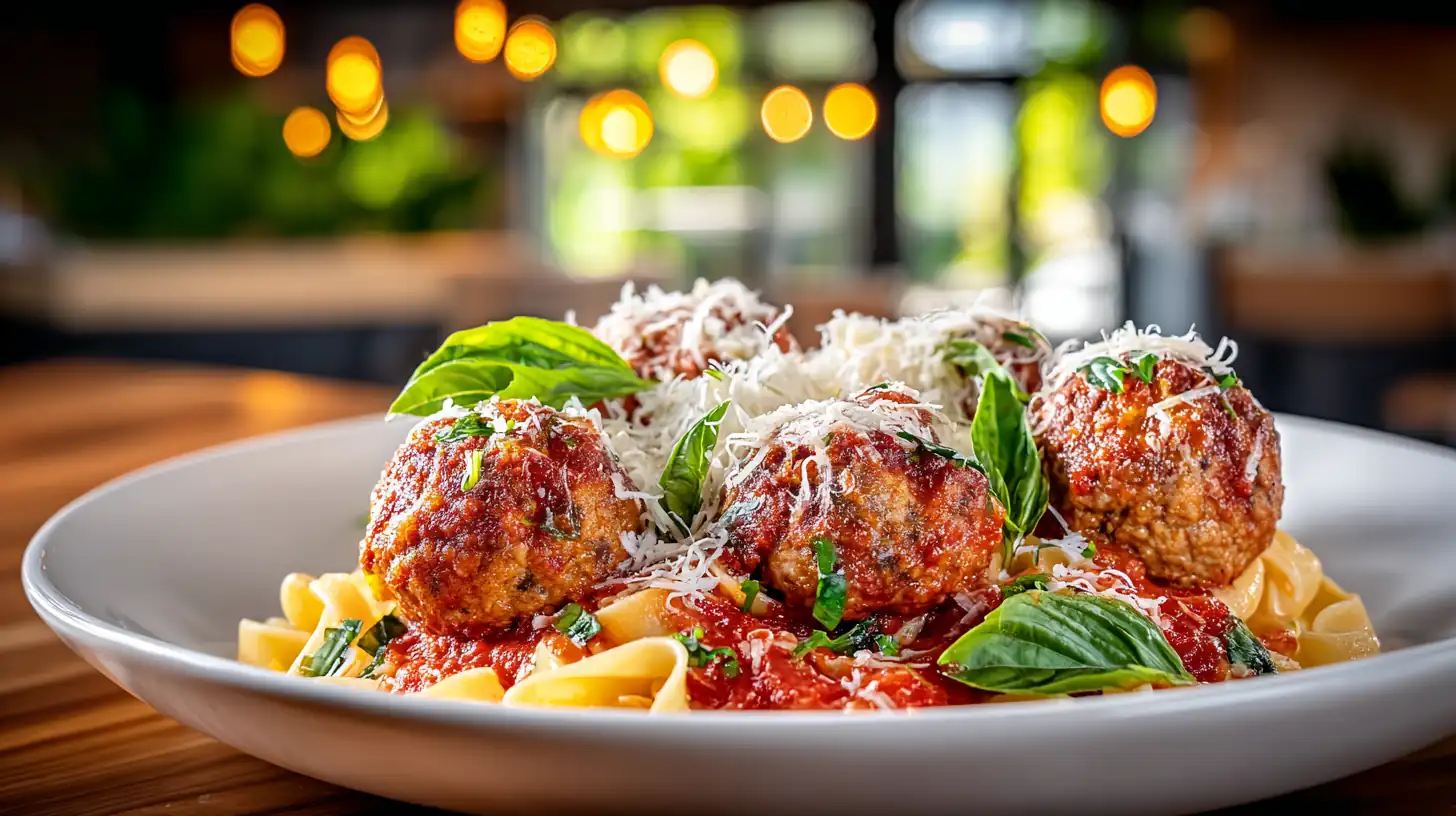 The Ultimate Wagyu Meatballs Recipe: Juicy, Tender, and Flavorful 4 Traditional Italian-style Wagyu meatballs served over pasta with tomato sauce and fresh basil
