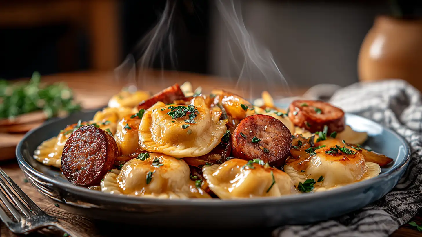 Pierogies and kielbasa cooked in a crockpot, served hot with herbs on a ceramic plate