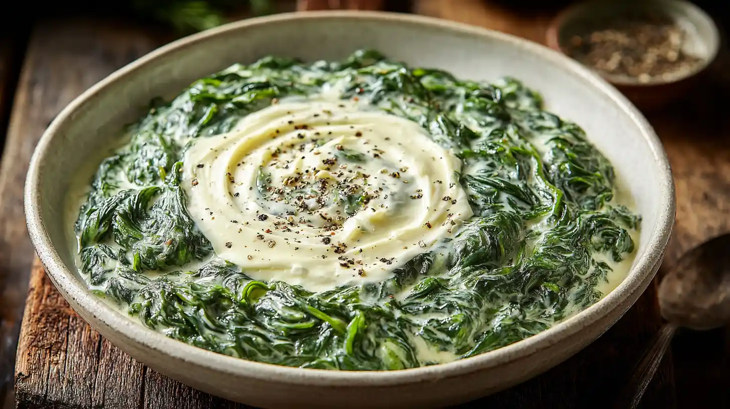 Creamy 3 ingredient creamed spinach with butter and cream cheese in a ceramic bowl