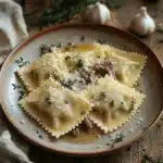 Short Rib Ravioli: How to Make it Perfect at Home - A Pure Magic! 5 Homemade short rib ravioli with brown butter sauce and fresh thyme on a rustic ceramic plate.