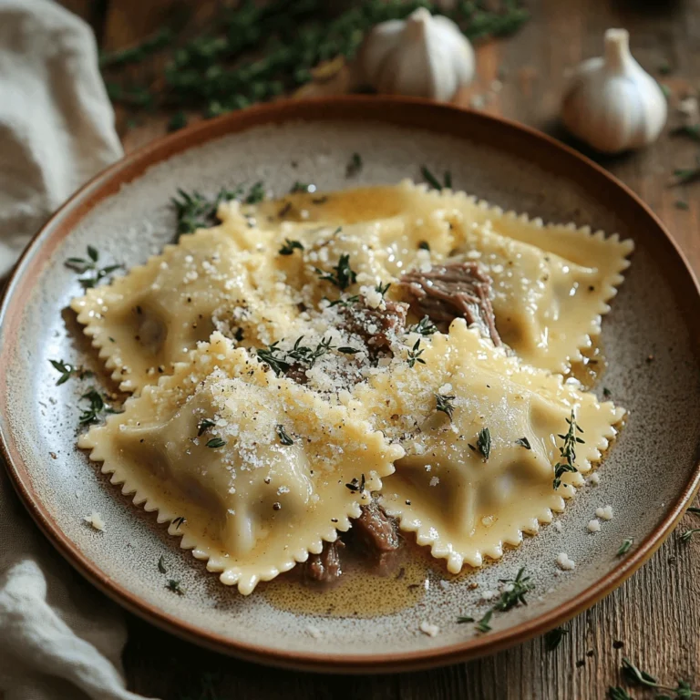 Homemade short rib ravioli with brown butter sauce and fresh thyme on a rustic ceramic plate.