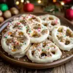 How to Make the Best White Chocolate Pretzels at Home 5 A close-up of white chocolate-covered pretzels topped with festive red, green, and white sprinkles, arranged on a brown plate with a rustic wooden background and blurred holiday decorations.