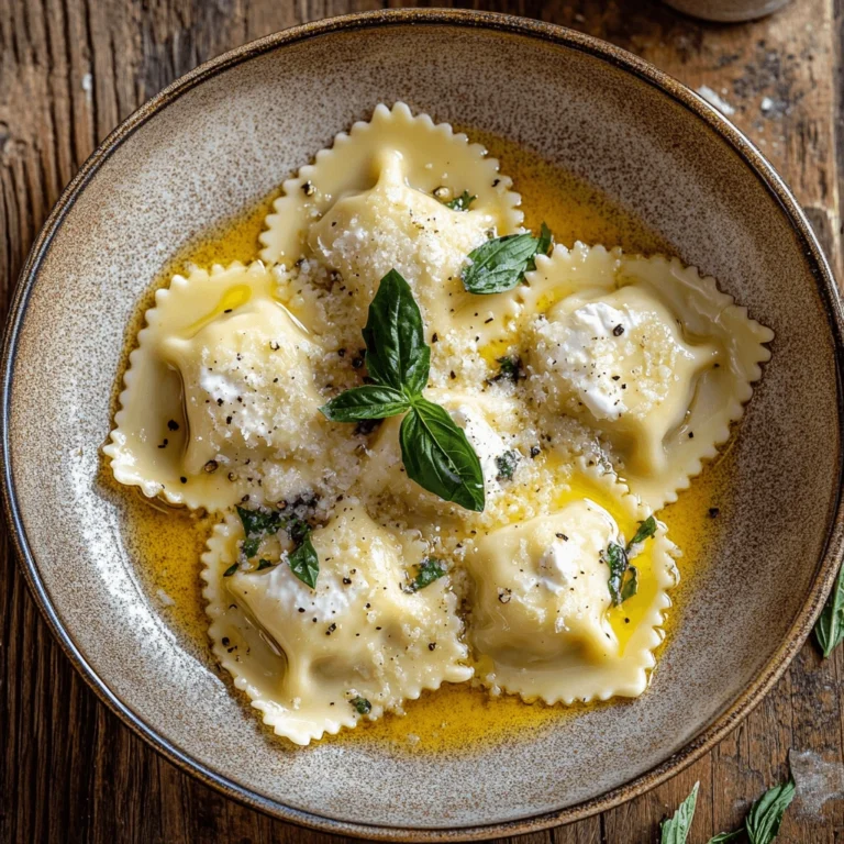 Homemade burrata ravioli served with golden butter sauce, fresh basil, and parmesan on a rustic ceramic plate.