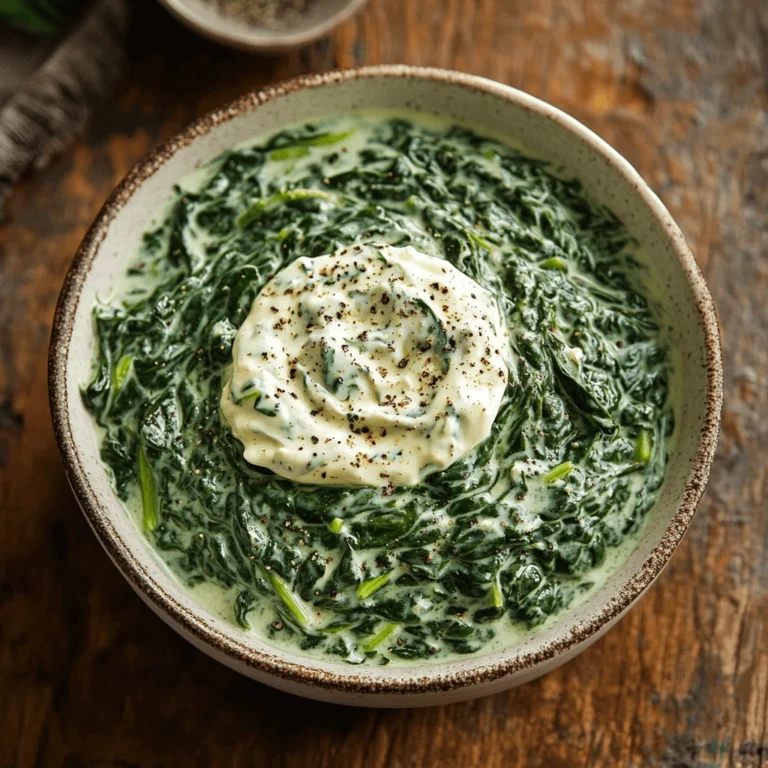 Bowl of creamy 3 ingredient creamed spinach topped with melted cream cheese and cracked pepper.
