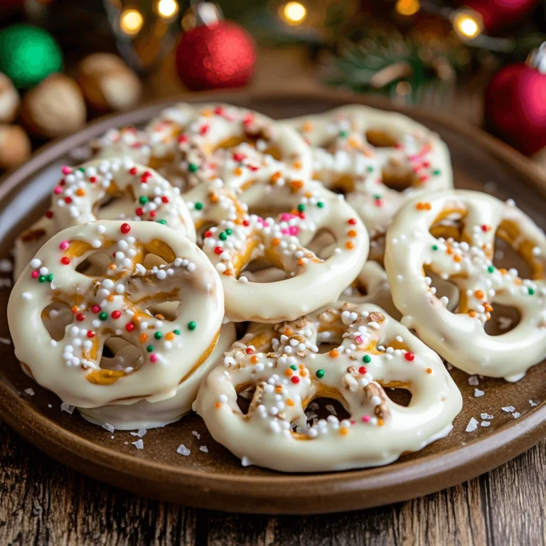 A close-up of white chocolate-covered pretzels topped with festive red, green, and white sprinkles, arranged on a brown plate with a rustic wooden background and blurred holiday decorations.
