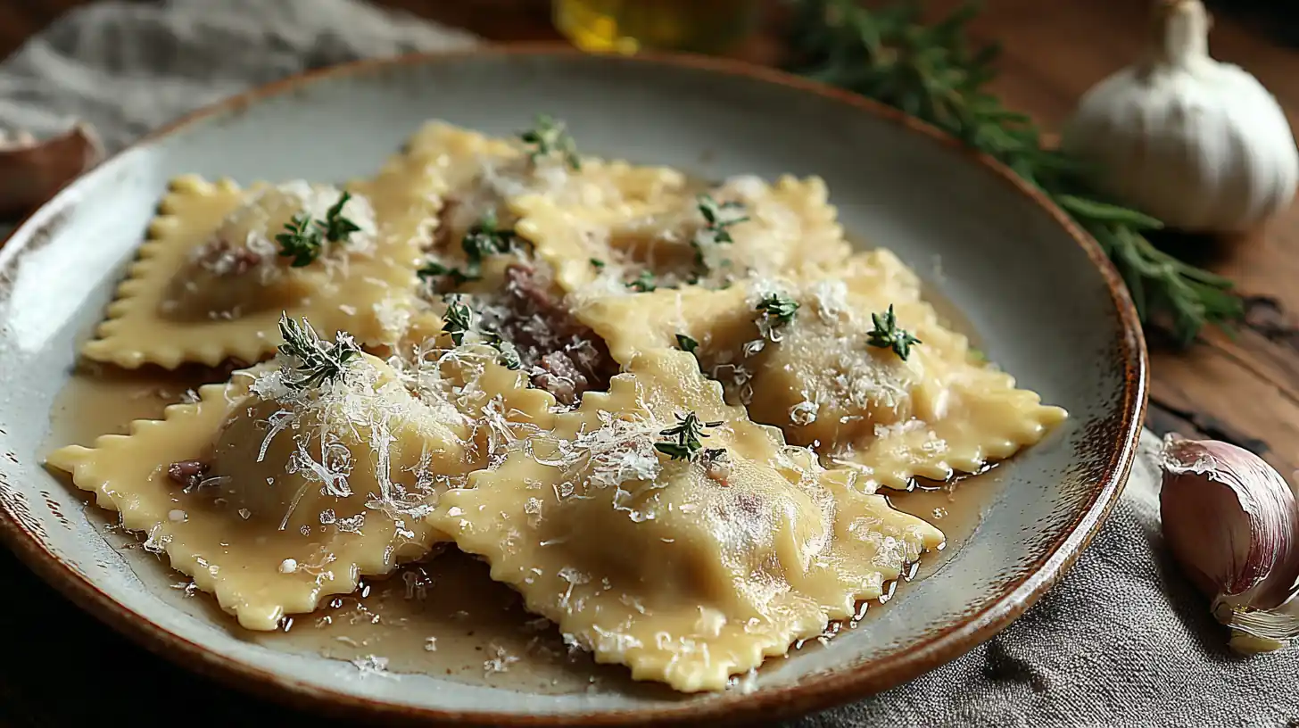 Short rib ravioli served with shaved parmesan and thyme on a rustic plate