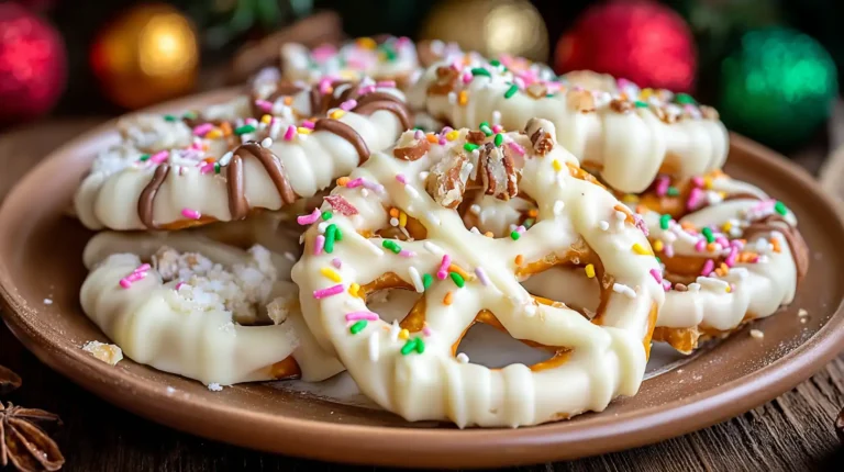 White chocolate-covered pretzels decorated with colorful sprinkles and pecans on a festive plate