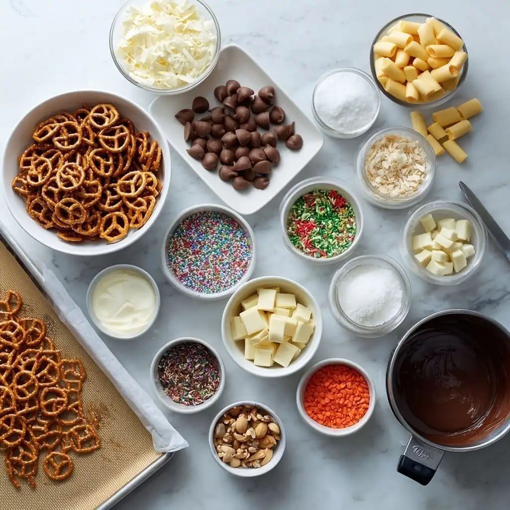 How to Make the Best White Chocolate Pretzels at Home 6 Flat lay of white chocolate pretzels ingredients including mini pretzels, chocolate chunks, sprinkles, and dipping tools