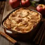 Craving Something Warm? This Applesauce Cobbler Hits the Spot 5 Freshly baked applesauce cobbler in a rustic brown dish with golden topping and cinnamon sticks