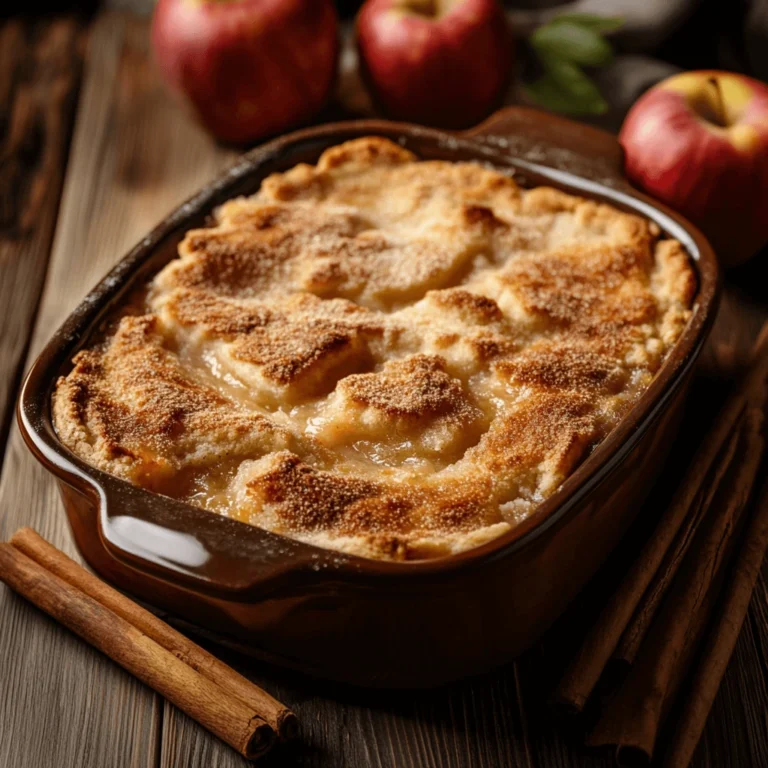 Freshly baked applesauce cobbler in a rustic brown dish with golden topping and cinnamon sticks