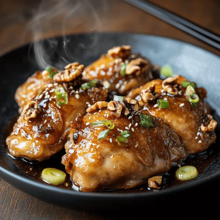 Steaming honey walnut chicken on a matte black plate, glazed with sweet sauce and topped with candied walnuts, sesame seeds, and sliced scallions.