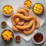 How to Make Churros Locos Like a Mexican Street Vendor 6 Cinnamon sugar churros with diced mango, chamoy, Tajín, and tamarind candy ingredients