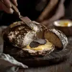 Butter, But Better: Why You Need Black Truffle Butter in Your Life 5 Crusty artisan bread with melting black truffle butter being spread by hand