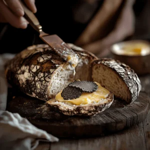 Crusty artisan bread with melting black truffle butter being spread by hand
