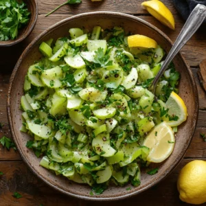 Rustic ceramic bowl brimming with sliced scungilli salad, celery ribbons, fresh parsley, cracked pepper, and bright lemon wedges on a wooden table.