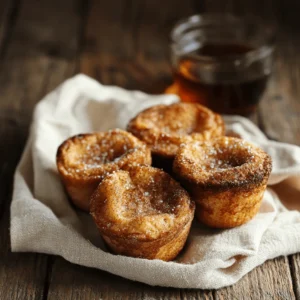 Golden cinnamon sugar French toast muffins on a linen napkin, served rustic-style with maple syrup in the background.