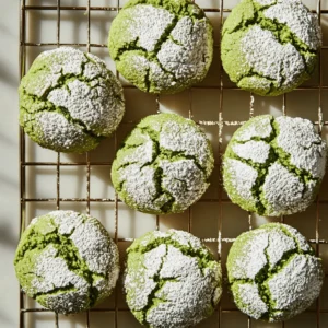 Freshly baked matcha crinkle cookies with powdered sugar cracks cooling on a wire rack