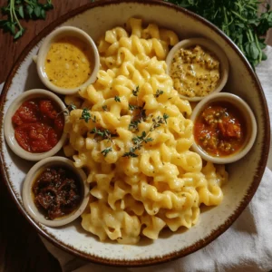 Overhead view of Creste di Gallo pasta surrounded by five different sauces in rustic ramekins.