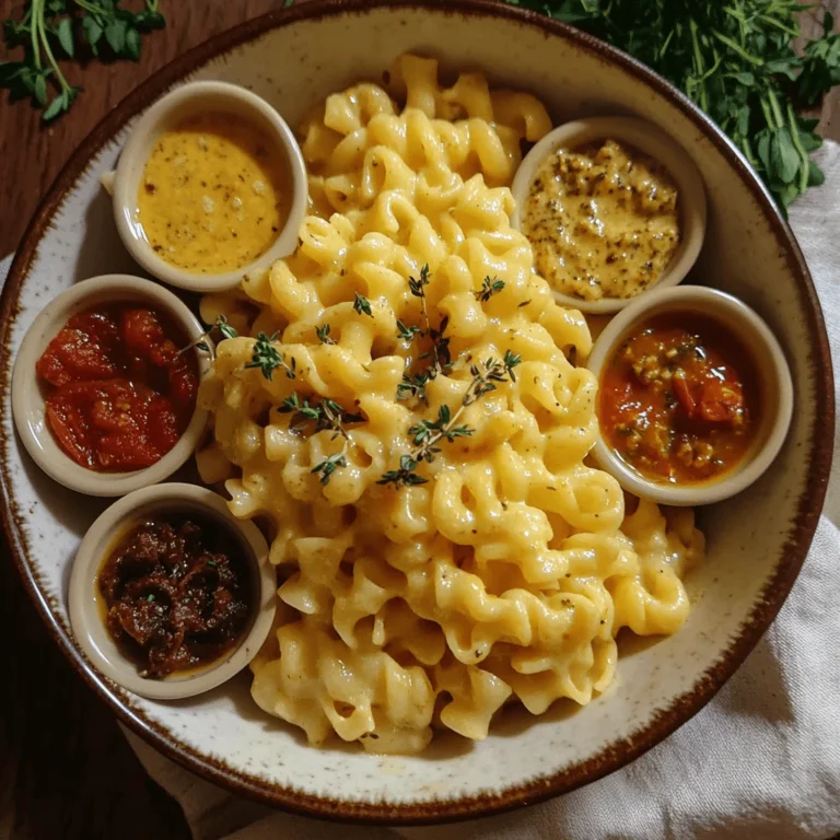 Overhead view of Creste di Gallo pasta surrounded by five different sauces in rustic ramekins.